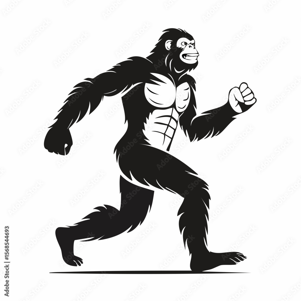 Fototapeta premium Black and white Bigfoot Running Vector Illustration isolated on white background.