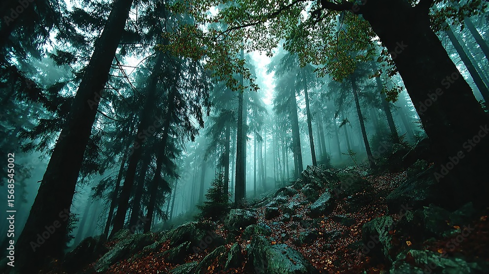 Naklejka premium A dense forest brimming with numerous trees and scattered leaves atop a rocky mound