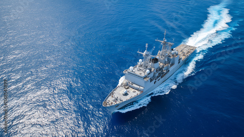 Military navy ship from aerial angle, crossing serene ocean waters with clear white wake, deck activity visible, sky reflected in the deep blue sea