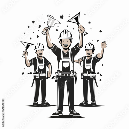 Construction Workers Celebrating Image Vector Isolated on white Background.