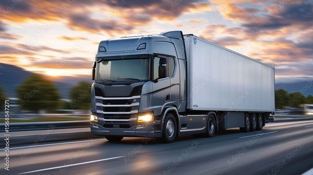 Semi-truck with illuminated headlights cruises highway during sunset, orange and pink clouds overhead, motion blur effect on wheels, freight transport in active road environment Semi-truck with illuminated headlights cruises highway during sunset, orange and pink clouds overhead, motion blur effect on wheels, freight transport in active road environment