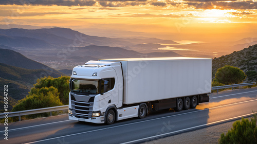 Large European semi-truck with cargo trailer drives along empty highway at golden hour, vibrant orange sunset sky casting long shadows, road stretching into horizon, symbolizing in © Maksym