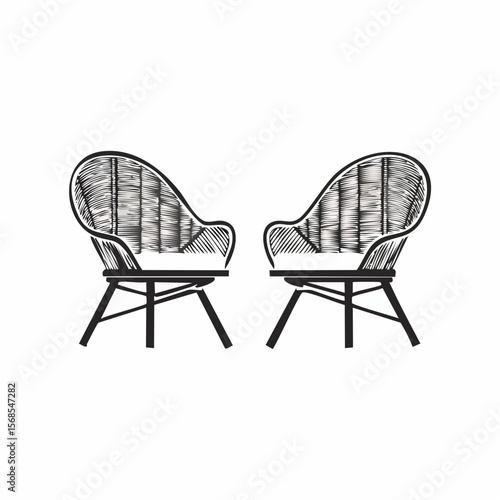 Rattan Wicker Chairs Image Vector. Black and White Rattan Wicker Chairs Image Vector on white background.