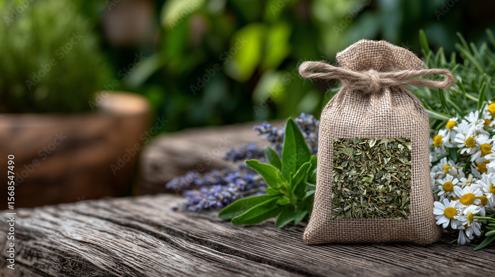Obraz premium Zero waste packaging of dry herbal mix standing on rustic wooden table, herbs like rosemary, thyme, and chamomile peeking out, surrounded by fresh leaves and natural twine, eco-con