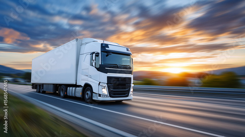 European freight truck speeding down open highway under vast fiery sunset sky, motion and light trails emphasize movement, heavy transport and delivery industry concept