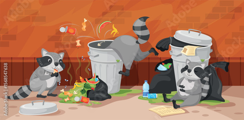 Raccoon trash cans. Racoons eat in garbage bin, funny racoons eating food waste on street alley dirty city junk raccoons animals characters, cartoon neat vector illustration