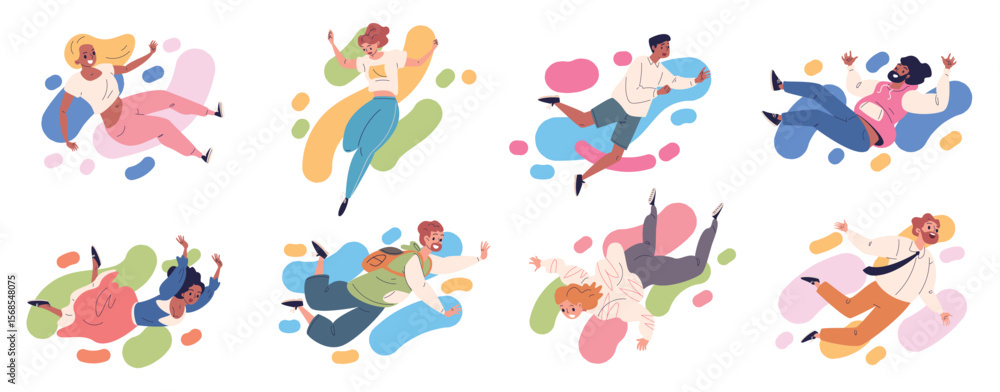 Fototapeta premium People abstract flying. Freedom, imagination concept find creative idea man woman floating in dreams inspiration virtual universe exploration characters classy vector illustration
