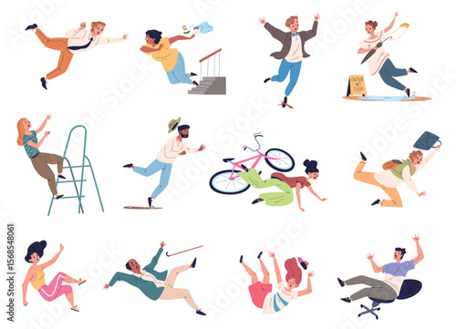 Falling people accident. Fall down person from ladder, slip man slide woman stairs drop office work safety caution hazard slippery floor failure risk set classy vector illustration