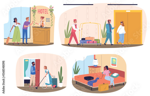 Hotel guests. Tourists room accommodation, check-in at reception hospitality service staff manager people luggage lobby travel booking holiday vacation classy vector illustration