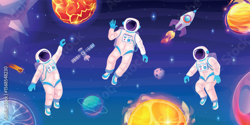 Astronaut space trip. Spaceman in outer cosmos, galaxy planet universe abstract star landscape cosmic explore concept rocket craft cosmonaut in helmet, swanky vector illustration