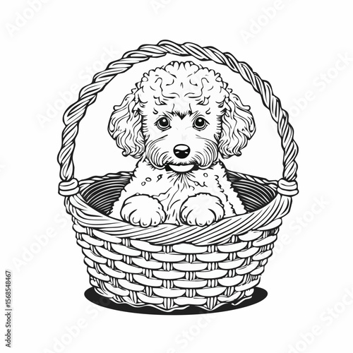 Poodle Puppy Sits in a Wicker Basket Image vector isolated on white Background.