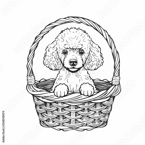 Poodle Puppy Sits in a Wicker Basket Image vector isolated on white Background.