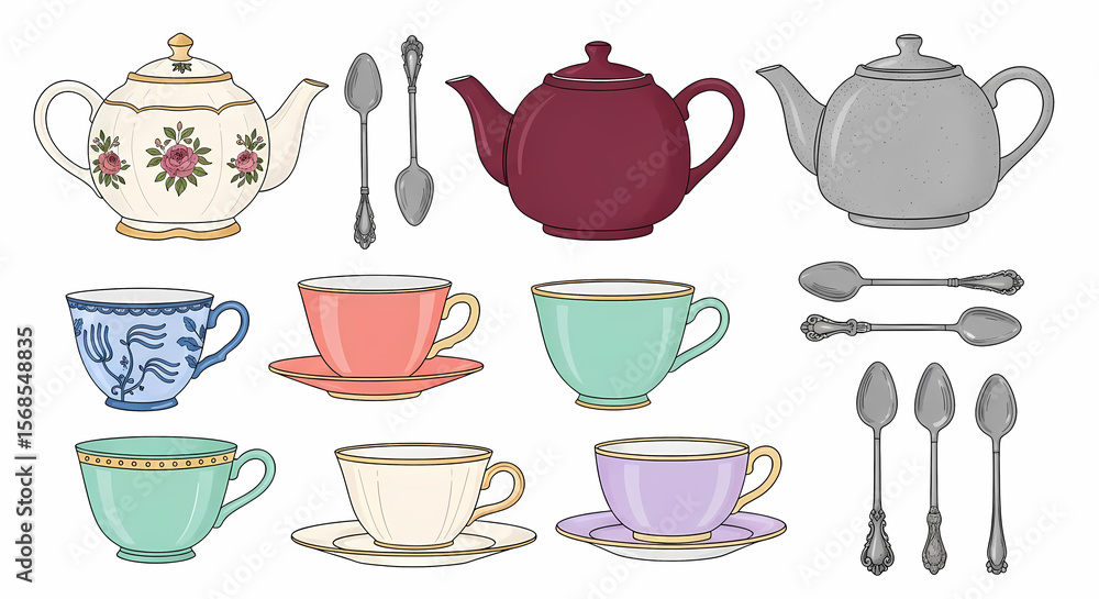 Hand-drawn collection of 11 cozy tea-time illustrations. Feature 3 steaming teapots (floral china pattern, matte burgundy, speckled grey), 5 mismatched teacups (willow pattern blue, solid coral, mint Hand-drawn collection of 11 cozy tea-time illustrations. Feature 3 steaming teapots (floral china pattern, matte burgundy, speckled grey), 5 mismatched teacups (willow pattern blue, solid coral, mint