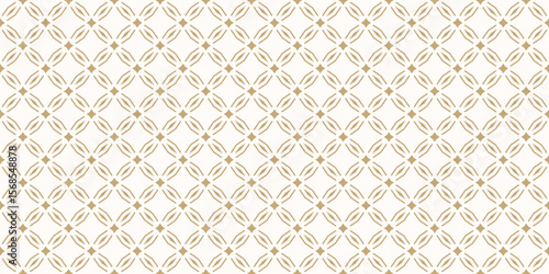 Abstract golden diamond grid ornament. Vector seamless pattern with floral geometric lattice, stars, lines, leaves. Simple luxury royal gold and white background in oriental style. Repeating design