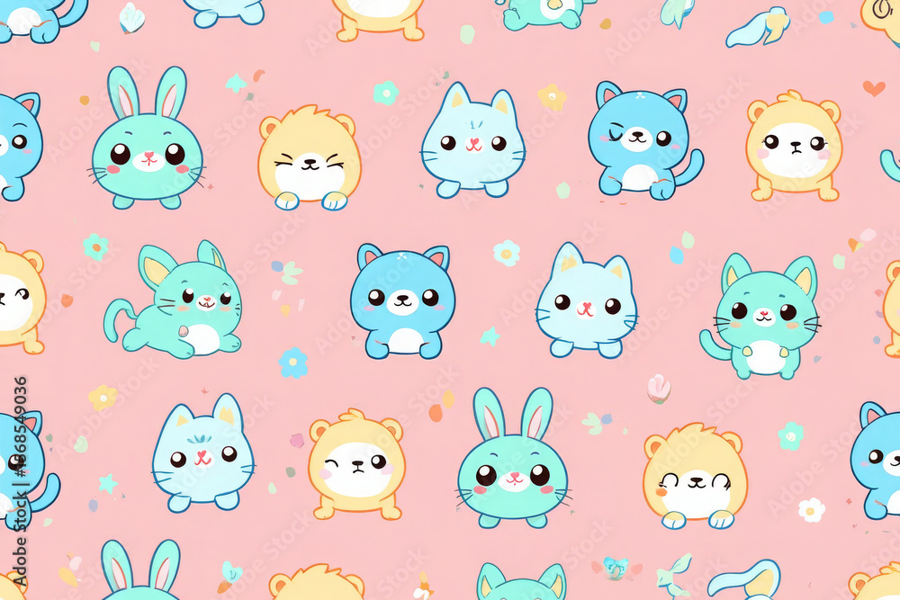 Fototapeta premium Adorable pastel kawaii animal seamless pattern: bunnies, cats, and lions on pink background; cheerful, playful mood; perfect for kids' products.