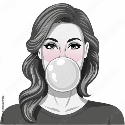 Woman Blowing Bubble Bubble Gum Image vector isolated on white background.