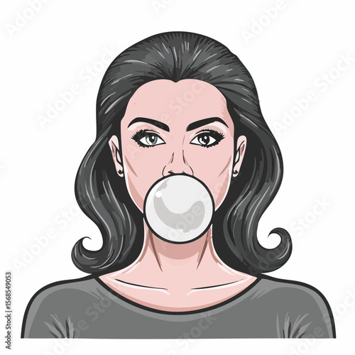 Woman Blowing Bubble Bubble Gum Image vector isolated on white background.