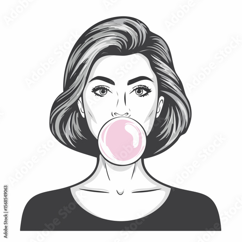 Woman Blowing Bubble Bubble Gum Image vector isolated on white background.