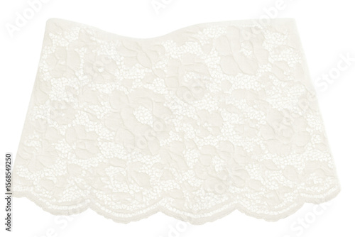 Delicate white lace fabric featuring scalloped edges, presenting soft texture and elegant design against transparent background, ideal for wedding-related creative work © Michael