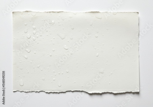 Torn Paper with Water Droplets Textured White Paper with Water Beads, Close-Up Detail, Isolated on White.