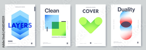 Collection of minimalistic geometric posters with gradient shapes and clean typography. Modern abstract design in vibrant colors. Ideal for branding, banner, contemporary wall art.