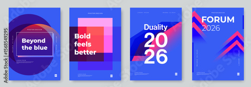 Set of bold abstract posters in blue and pink gradients with modern typography. Ideal for events, business conferences, creative branding, or contemporary wall art. Trendy futuristic design.
