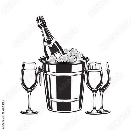 Champagne bottle in bucket with ice and glasses of champagne isolated on white Background.