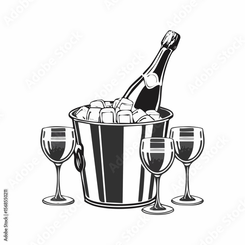 Champagne bottle in bucket with ice and glasses of champagne isolated on white Background.