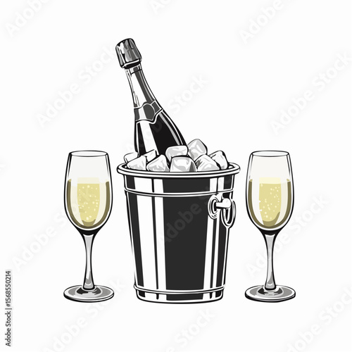 Champagne bottle in bucket with ice and glasses of champagne isolated on white Background.
