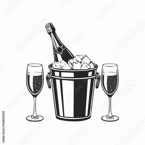 Champagne bottle in bucket with ice and glasses of champagne isolated on white Background.