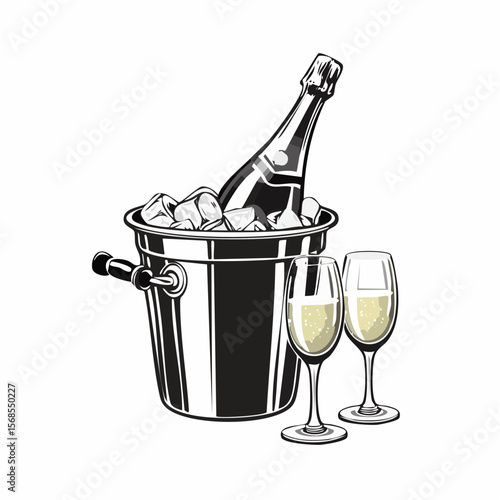 Champagne bottle in bucket with ice and glasses of champagne isolated on white Background.