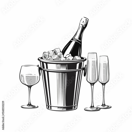 Champagne bottle in bucket with ice and glasses of champagne isolated on white Background.