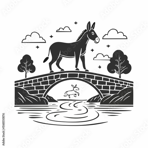 Donkey Crossing a Stone Bridge Over a Flowing River in a Peaceful Nature Scene image vector.