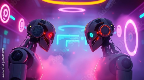 Two robots face in neon lit setting