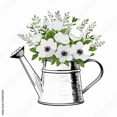 Water can with a bouquet flowers spring Image Vector Isolated on white background.