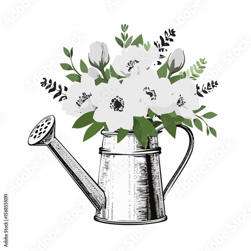 Water can with a bouquet flowers spring Image Vector Isolated on white background.
