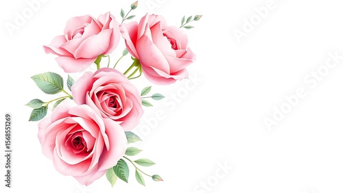 Delicate watercolor floral wreath featuring pink roses, softly illuminated with elegant composition.