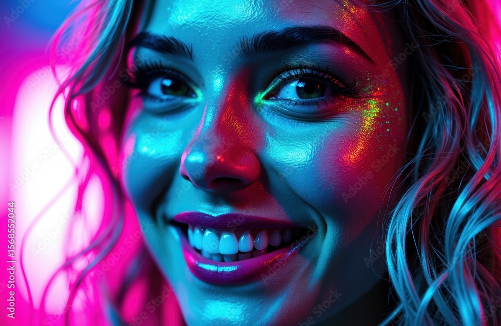 Vibrant neon-lit portrait of a smiling young woman with colorful makeup and wavy hair Vibrant neon-lit portrait of a smiling young woman with colorful makeup and wavy hair