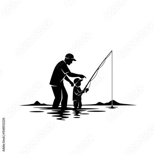 Father teaching son to fish in lake, vector icon

