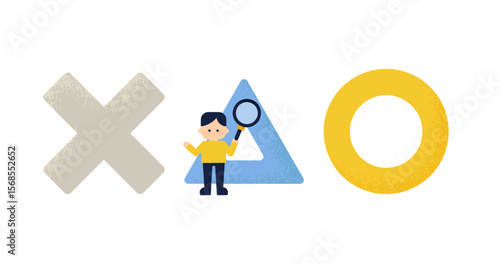 〇×△と虫眼鏡を持つ人(男性・男の子)のイラスト｜選択・評価・検索をイメージした記号素材