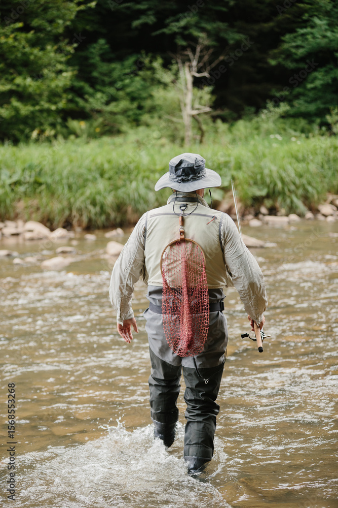 Naklejka premium Fisherman walking in river, fly fishing for trout in mountain stream