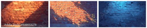 brick wall cartoon set. old rough red blue brown brickwork, game street shadow day evening vector illustration