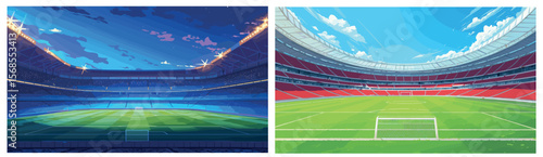 football field background set. stadium cartoon, soccer sport competition championship game arena lawn blue sky clouds gate vector illustration