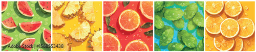 fruits summer background set. watermelon pineapple grapefruit orange mint lies on green yellow red blue table, summer vitamins fruit slices juice juicy fresh drink vector illustration