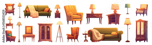 furniture cartoon set. interior items, green yellow brown wooden sofa chair lamp cabinet chest of drawers table nightstand armchair home comfort element decor vector illustration