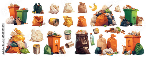 garbage set cartoon. overflowing orange green yellow trash bins bags, street pollution city waste metal can cellophane plastic bottle problem ecology vector illustration