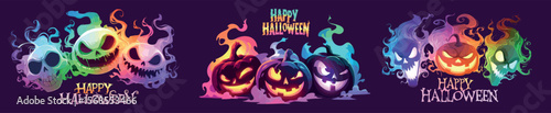 ghosts halloween set. pumpkin green purple pink face ghost, colored smoke fog scary grin smile fangs skull fictional frightening evil character vector illustration