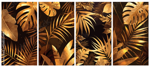 golden tropical leaves cartoon exotic background metallic luxury design decor frame banana palm leaf gold black monstera vector illustration