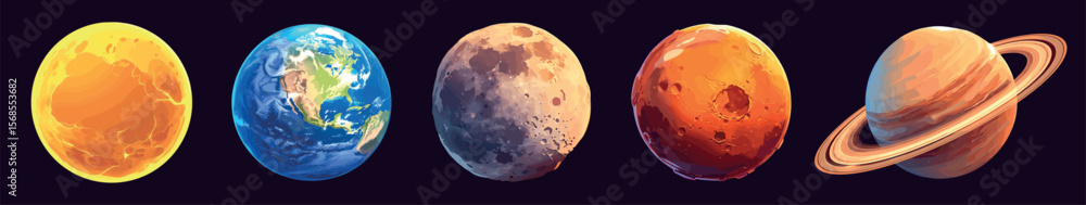 Naklejka premium planets cartoon set. planet sun earth moon mars jupiter, solar system space astronomy universe science vector illustration
