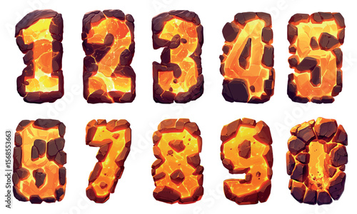 numbers lava cartoon set. fire stone digit, hot number volcano decor design game vector illustration